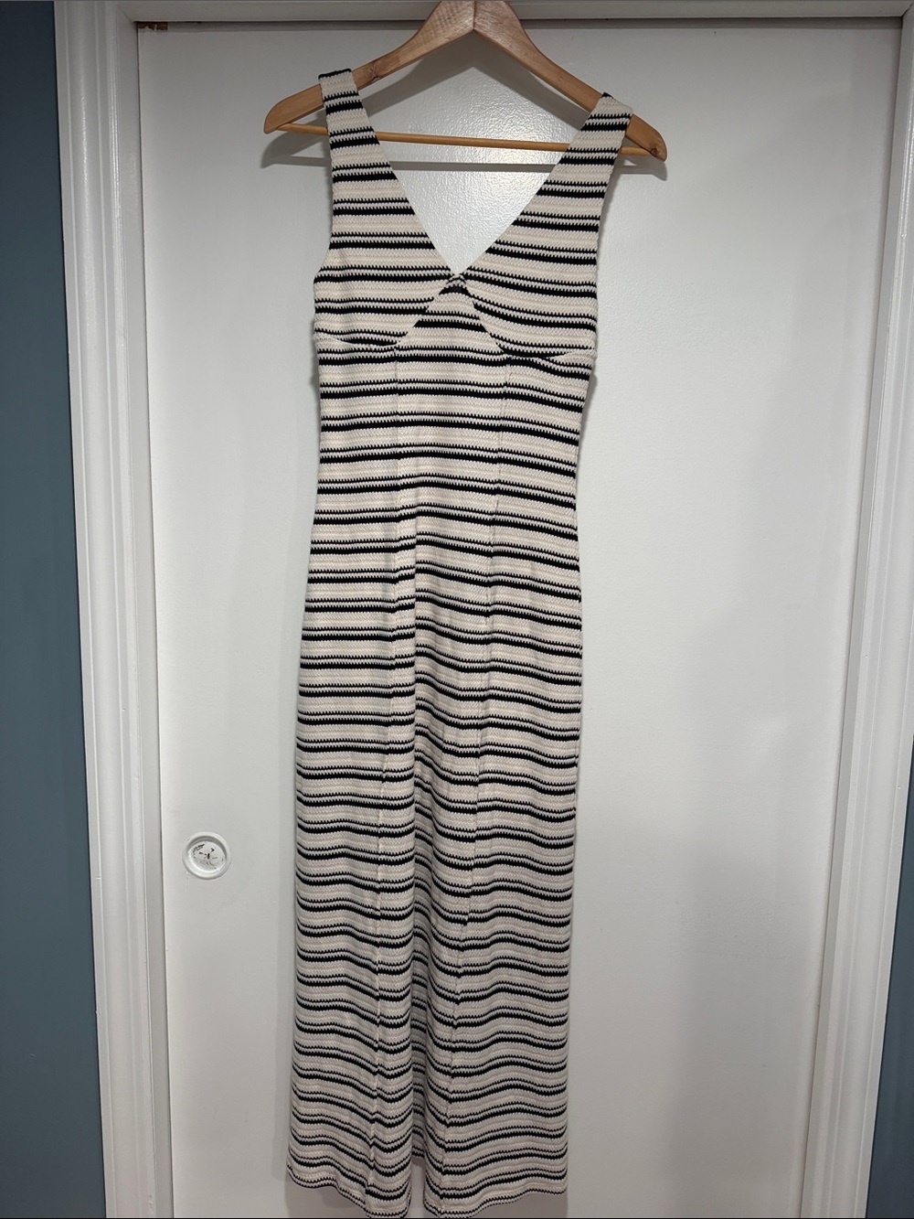 Striped Knit V-Neck Maxi Dress in Cream and Black universal thread XS